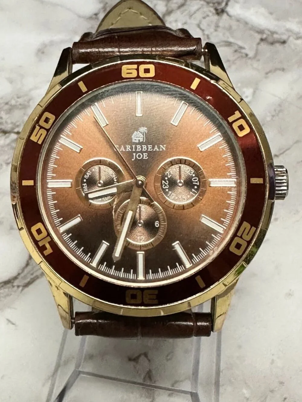 Caribbean Joe Watch Men Gold Tone Faux Leather Brown Strap New Battery 10